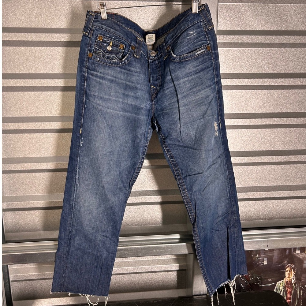 True Religion Joey Jeans Mens 32 Blue Denim Raw Hem Y2K Streetwear Made in USA